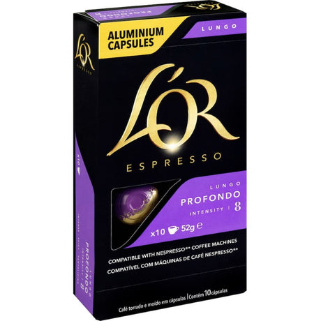 Bold L'or Espresso Lungo Profondo coffee capsules, intensity 8, designed for a rich Nespresso® experience.