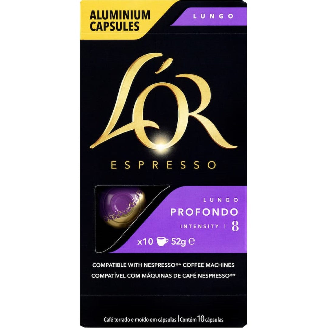 L'or Espresso Lungo Profondo Intensity 8 capsules offer bold, aromatic coffee crafted for Nespresso® machines.