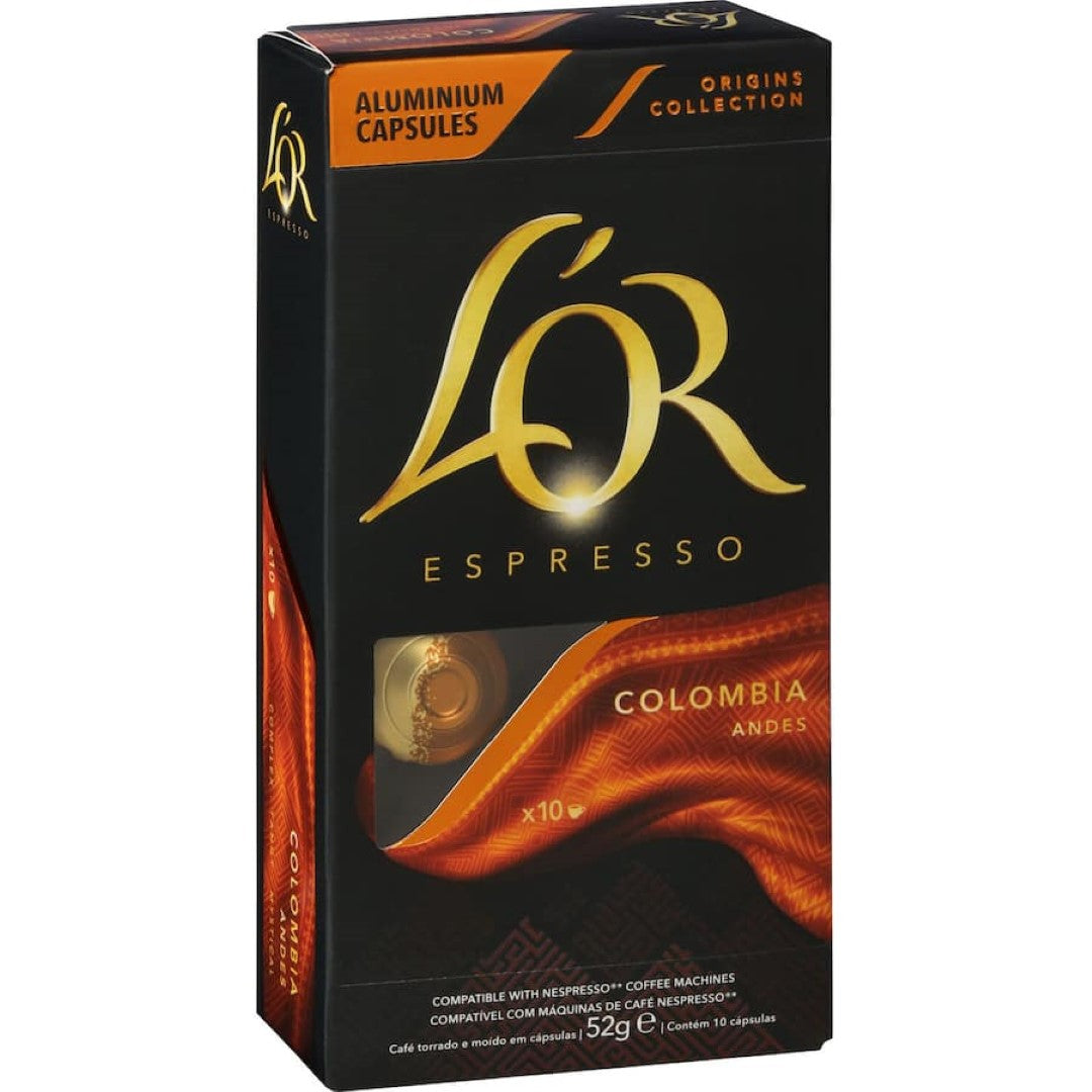 L'or Espresso Coffee Capsules Colombia Intensity 8: bold, rich espresso capsules compatible with Nespresso machines, 100% Colombian coffee.