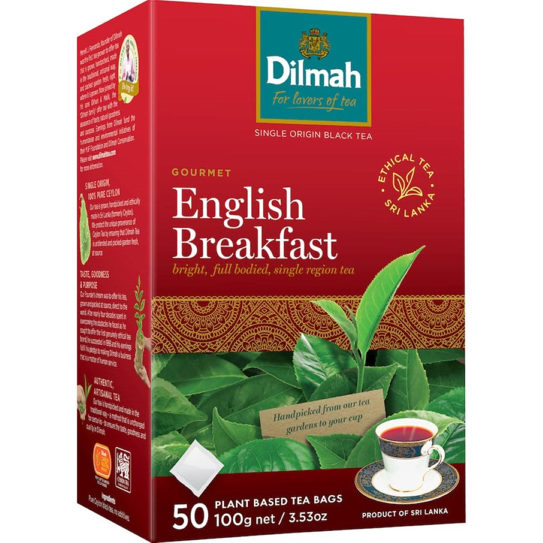 Dilmah English Breakfast tagless tea bags, 50 packs of Ceylon black tea for a rich and invigorating brew experience.