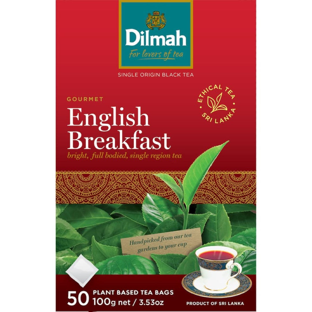 Dilmah English Breakfast Tagless tea bags, 50 count, pure Ceylon black tea for a robust, flavorful breakfast experience.