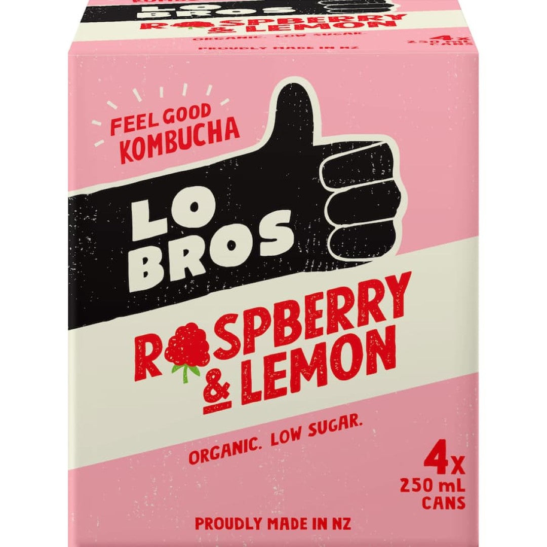 Lo Bros Kombucha Raspberry & Lemon, a refreshing blend of organic raspberries and lemons, packed with probiotics for gut health.