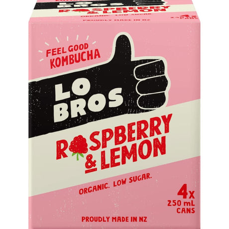 Lo Bros Kombucha Raspberry & Lemon, a refreshing blend of organic raspberries and lemons, packed with probiotics for gut health.