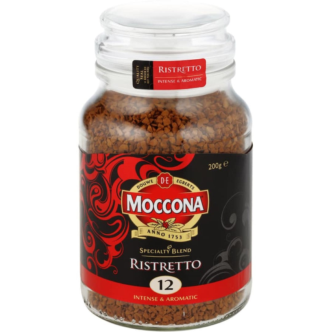 Moccona Specialty Blend Ristretto instant coffee, bold freeze-dried blend from 100% specialty beans for rich flavor.