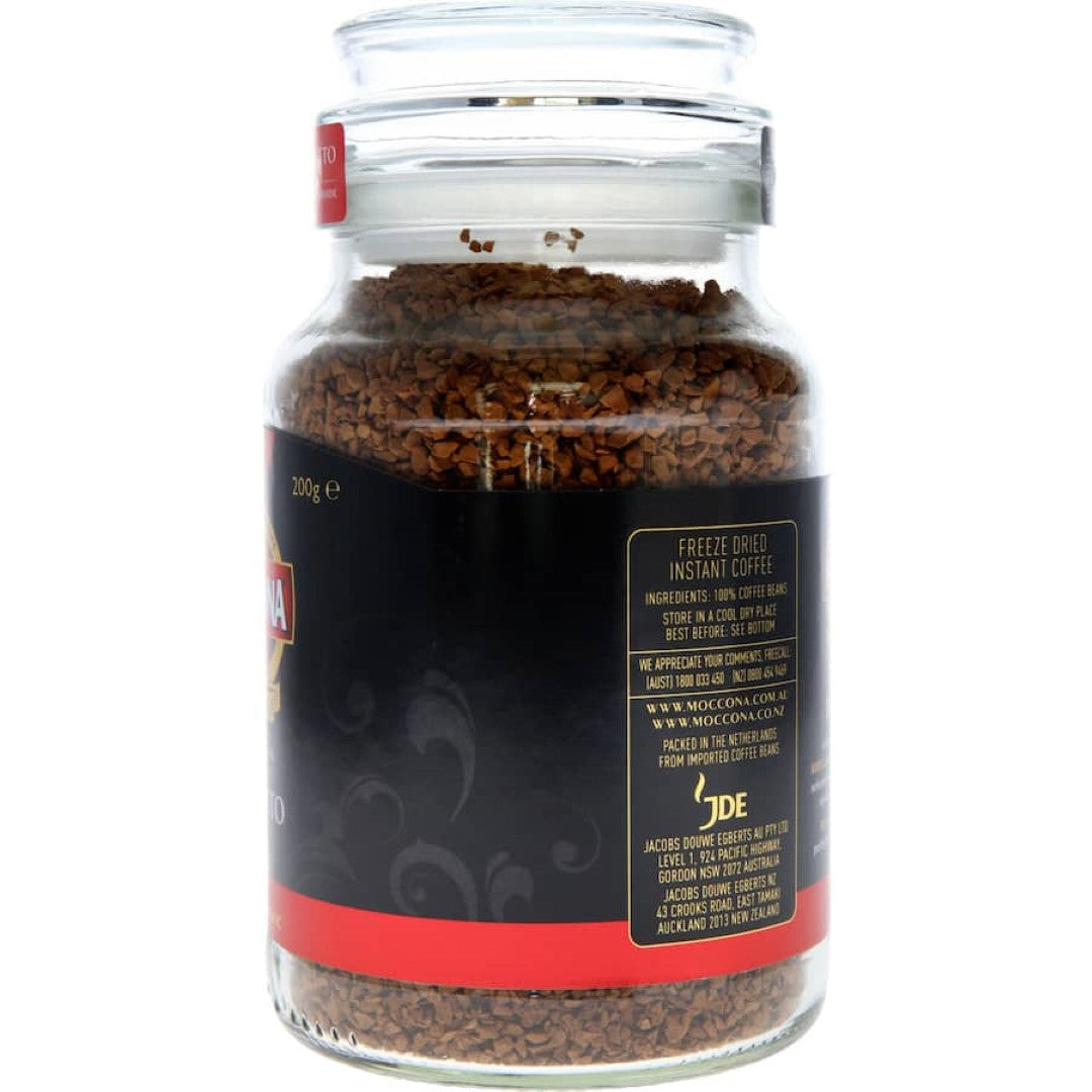 Moccona Ristretto freeze-dried instant coffee offers bold flavor and aroma, crafted from 100% specialty beans for coffee lovers.