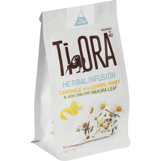 Ti Ora Herbal Tea box featuring camomile, lemon, and honey—15 plant-based pyramid bags for a soothing infusion.
