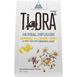 Ti Ora Infusion Camomile tea with lemon and honey, featuring 15 plant-based pyramid bags for a soothing herbal experience.