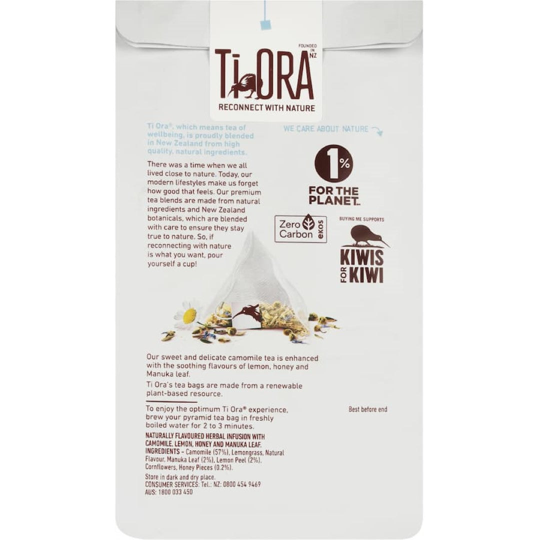 Ti Ora Infusion Herbal Tea featuring chamomile, lemon, and honey in eco-friendly pyramid tea bags.