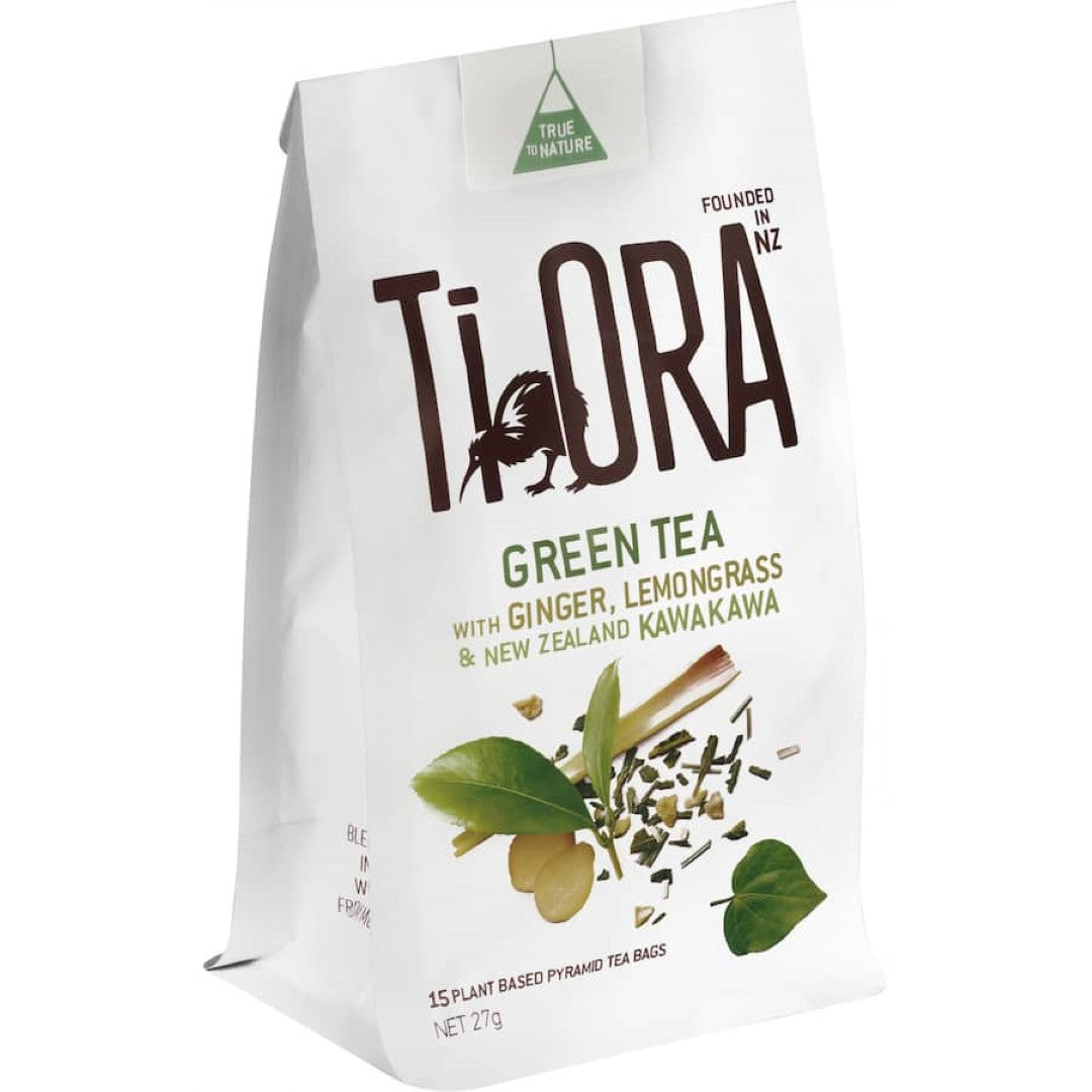 Ti Ora Infusion Green Tea with Ginger and Lemongrass in pyramid bags, promoting sustainability and refreshing flavors.