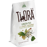 Ti Ora Infusion Green Tea with Ginger and Lemongrass in pyramid bags, promoting sustainability and refreshing flavors.