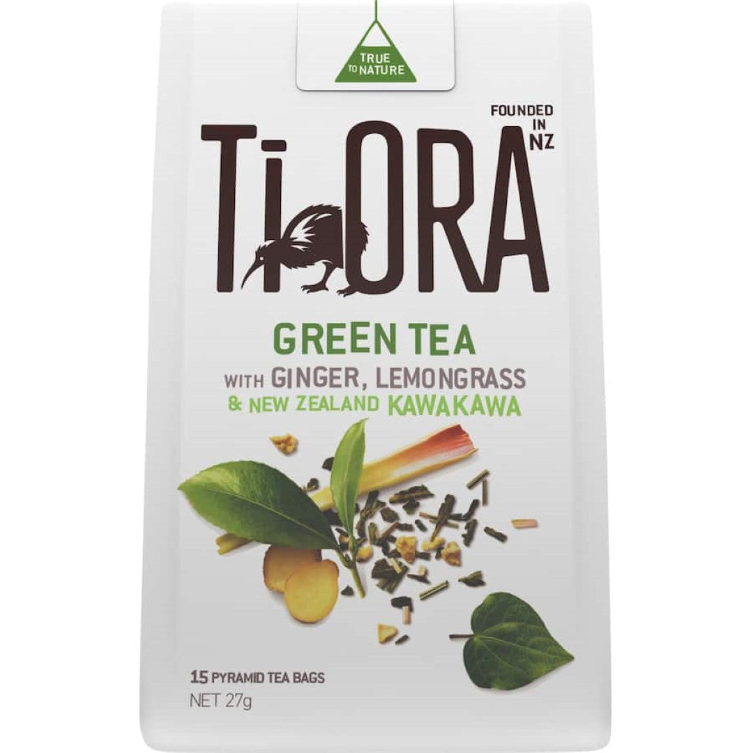 Ti Ora Infusion Green Tea with Ginger & Lemongrass, featuring herbal pyramid bags for a refreshing, sustainable tea experience.