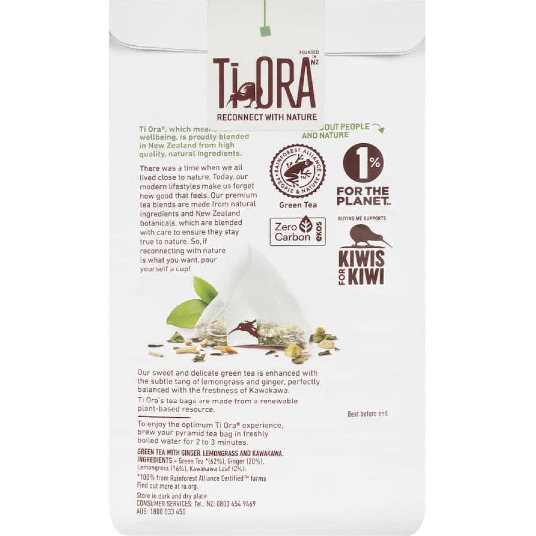 Ti Ora Infusion Green Tea with ginger and lemongrass in eco-friendly pyramid bags for a revitalizing and sustainable tea experience.