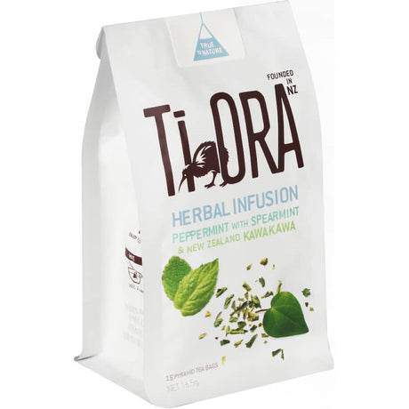 Pyramid tea bags of Ti Ora Herbal Tea featuring peppermint, spearmint, and kawakawa for a refreshing, caffeine-free experience.