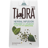 A pack of Ti Ora Infusion Herbal Tea featuring peppermint and spearmint, with 15 eco-friendly pyramid tea bags.