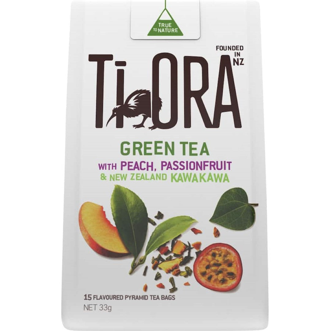 Ti Ora Infusion Green Tea Peach & Passionfruit: Eco-friendly tea with peach and passionfruit flavors in plant-based pyramid bags.