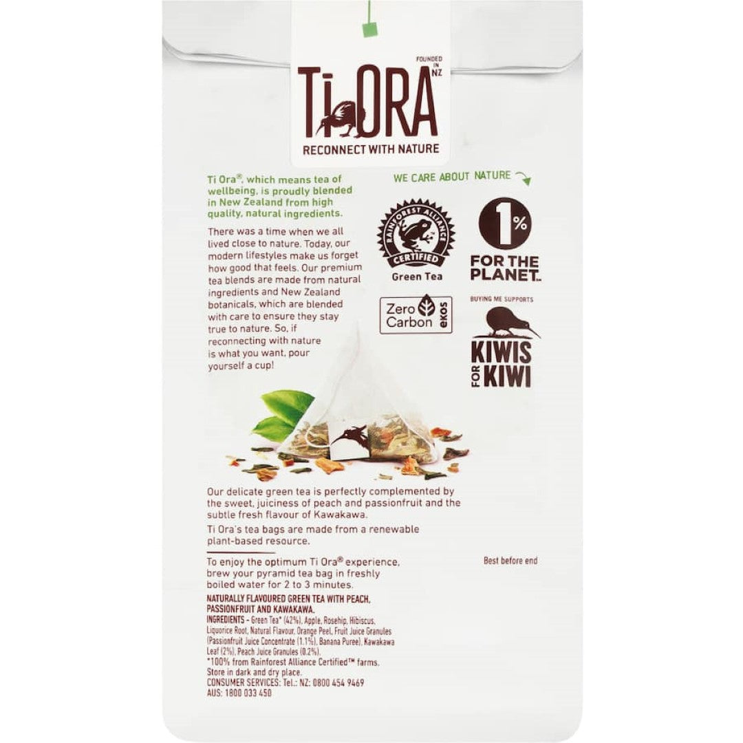 Ti Ora Infusion Green Tea Peach & Passionfruit with pyramid tea bags, blending sweet peach, passionfruit, and kawakawa flavors.