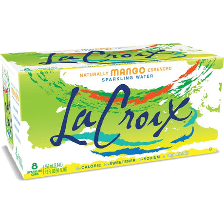 A vibrant can of La Croix Sparkling Water Mango showcasing refreshing bubbles and tropical mango flavor, perfect for hydration.