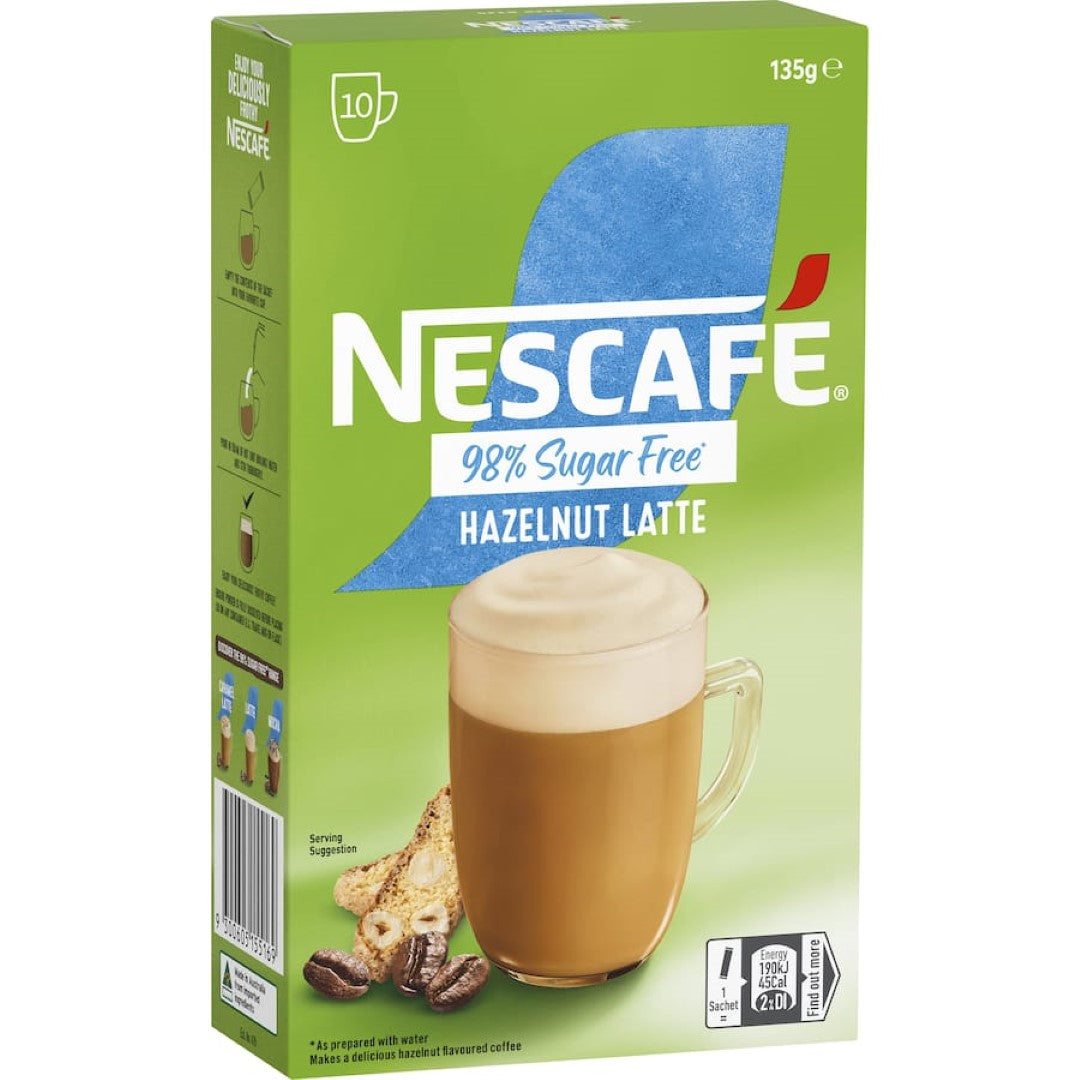 Nescafe 98% Sugar Free Hazelnut Latte mix with rich flavor, creamy texture, and eco-friendly packaging in convenient sachets.