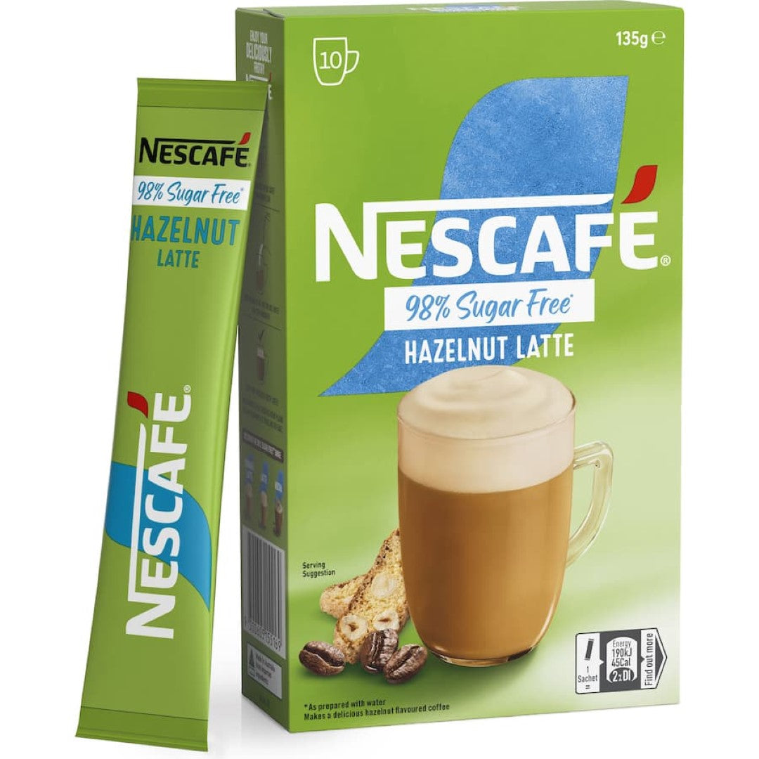 Nescafe 98% Sugar Free Hazelnut Latte mix, offering creamy, nutty flavor in a convenient, eco-friendly sachet.