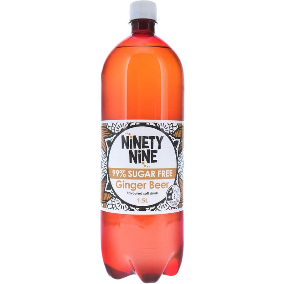 Ninety Nine Ginger Beer in a 1.5L bottle, 99% sugar-free, a refreshing blend of flavors without the sugar guilt.