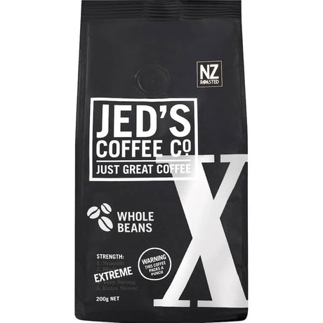 A bag of Jed's Whole Beans Coffee X Extreme, showcasing premium whole beans for bold, vibrant energy and rich flavor.