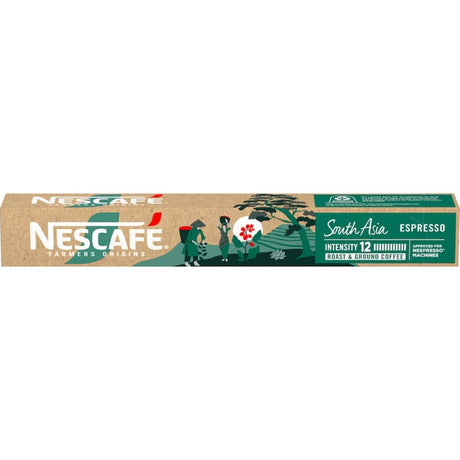 Nescafe Farmers Origins South Asia coffee pods featuring rich espresso flavors from Vietnam and India, perfect for Nespresso machines.