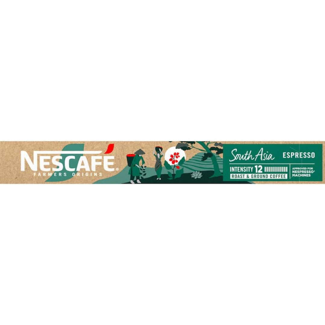 Nescafe Farmers Origins South Asia coffee pods featuring rich, woody and spicy espresso blend from Vietnam and India.