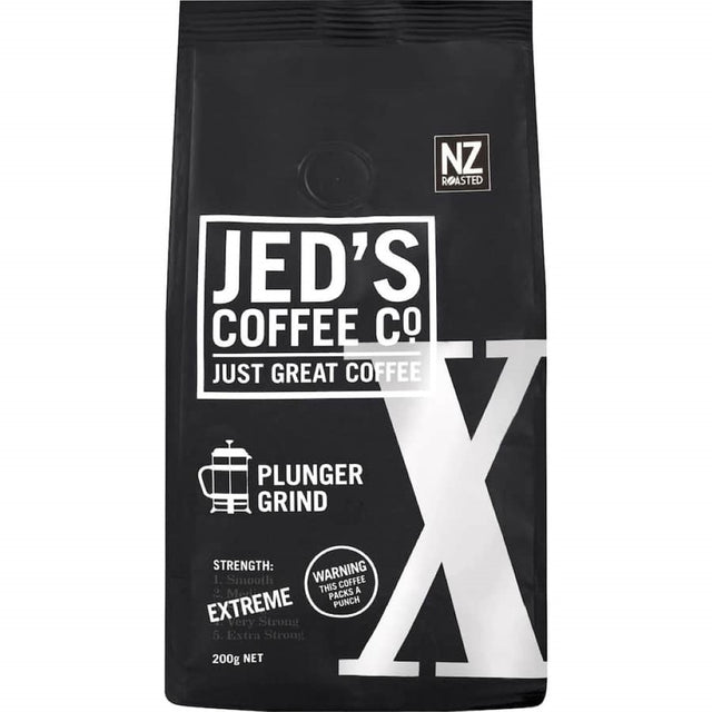 A robust 200g bag of Jed's Plunger Grind Coffee X Extreme, perfect for intense French press and filter brewing.