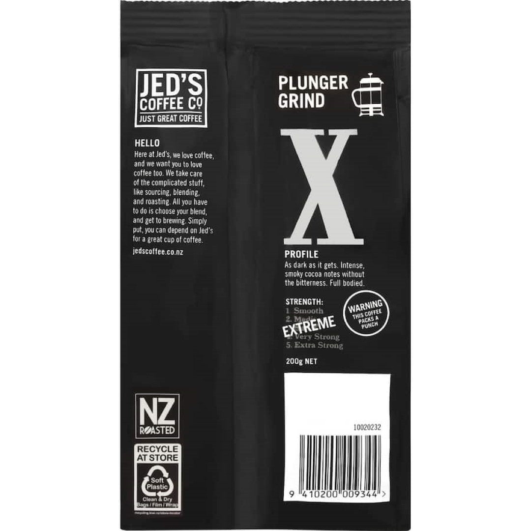 Bold and robust Jed's Plunger Grind Coffee X Extreme, perfect for French press and filter brewing, crafted from high-quality beans.