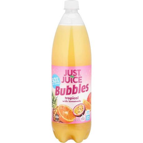 Can of Just Juice Bubbles Soft Drink Tropical featuring fruity flavors and 50% less sugar for a refreshing, guilt-free experience.