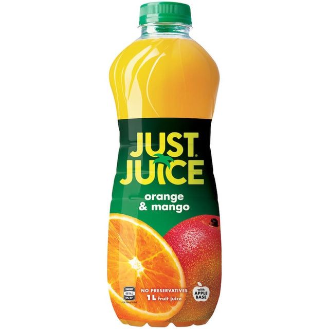 A bottle of Just Juice Fruit Juice Orange & Mango, showcasing vibrant tropical flavors with no added sugar or artificial ingredients.