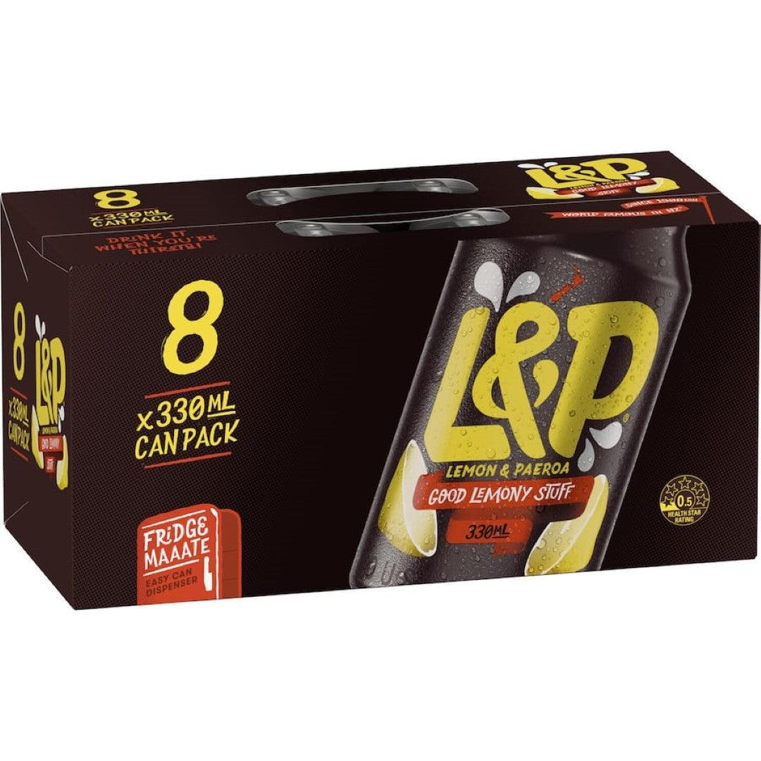 L & P Soft Drink Lemon & Paeroa 330ml cans 8pack