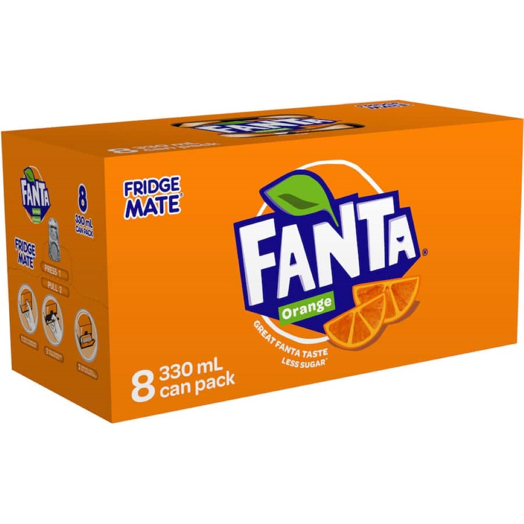 A refreshing can of Fanta Soft Drink Orange, bursting with zesty citrus flavor and made with natural ingredients.