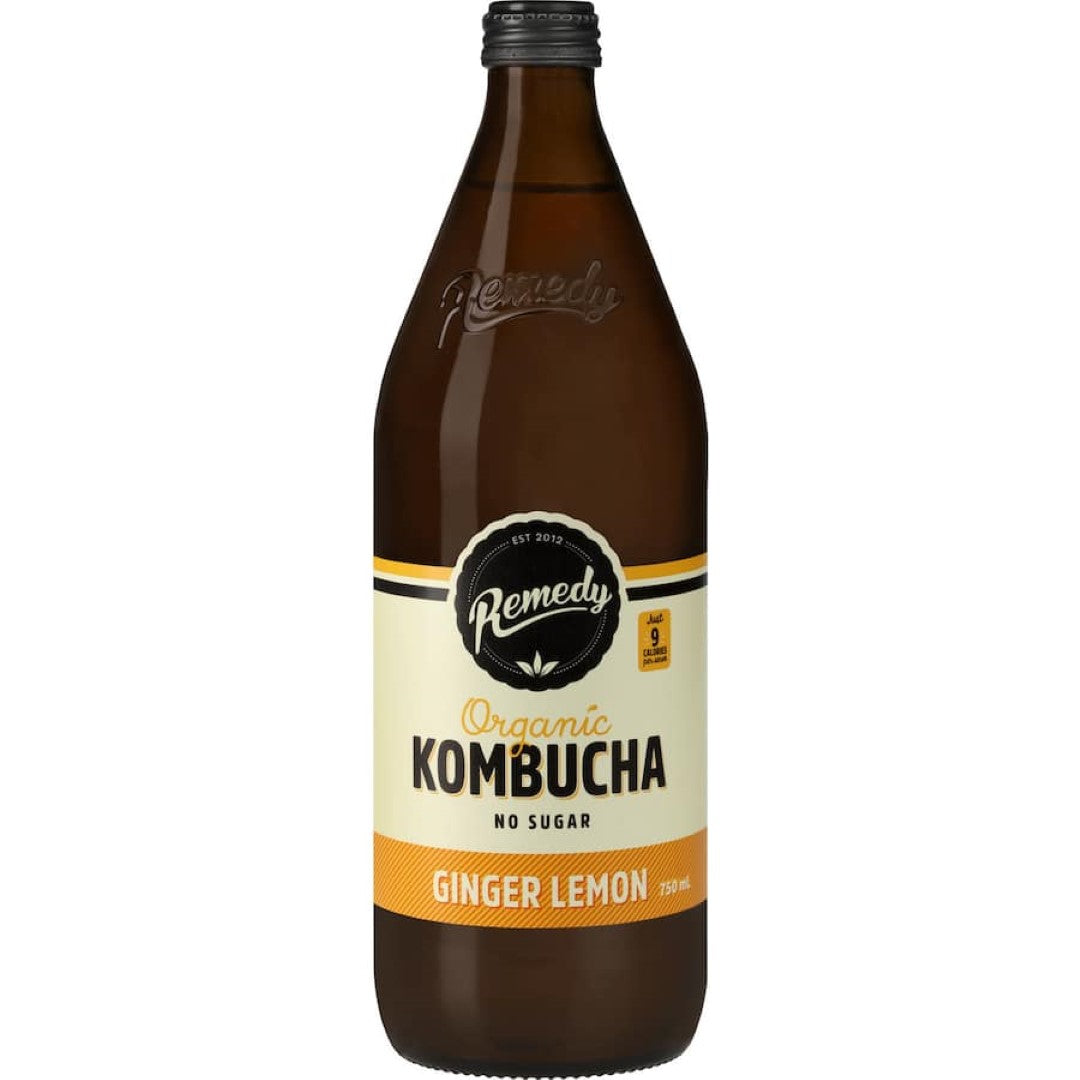 A refreshing bottle of Remedy Kombucha Ginger & Lemon No Sugar, a guilt-free drink with zesty ginger and lemon flavors.