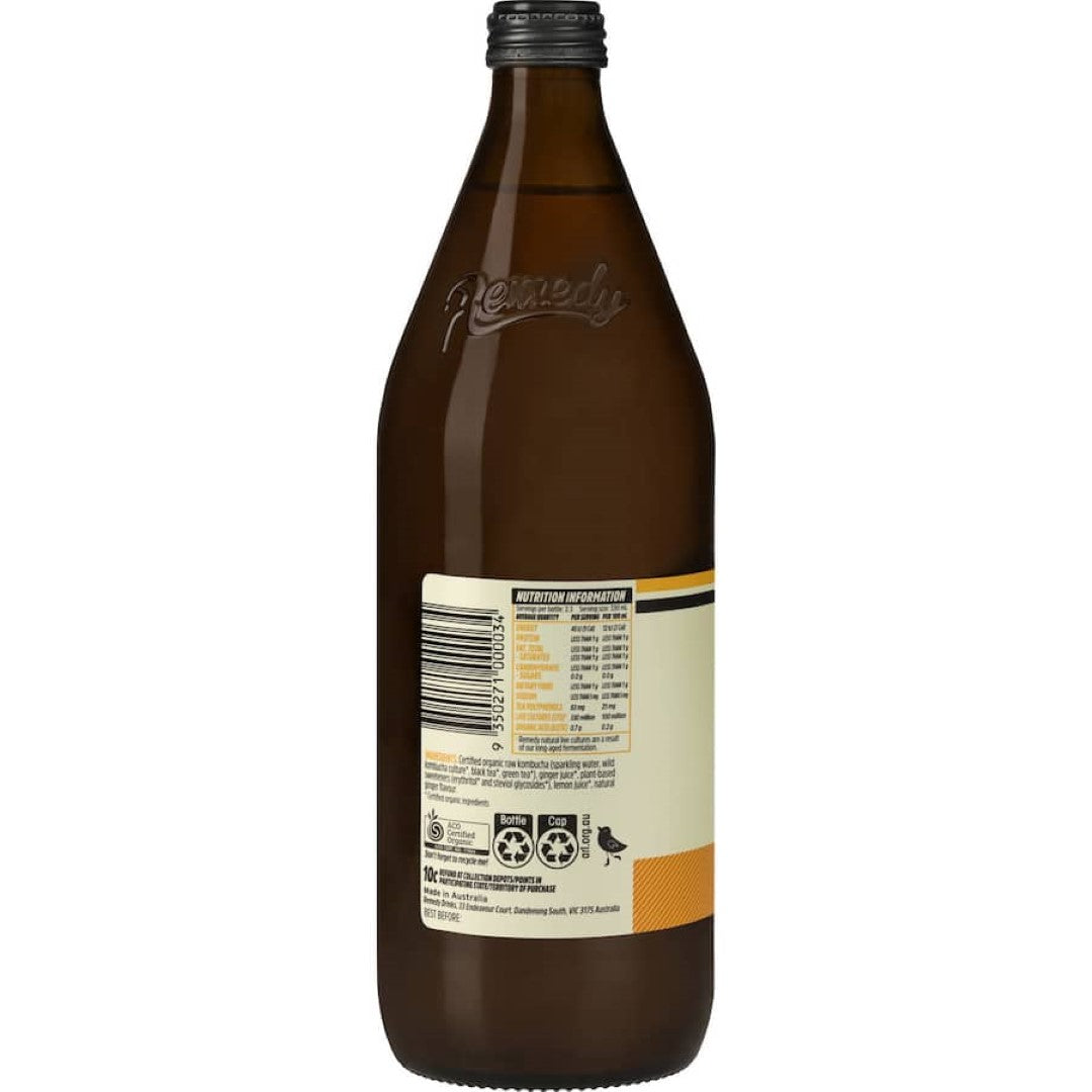 Bottle of Remedy Kombucha Ginger & Lemon No Sugar, featuring a spicy ginger and zesty lemon blend, promoting gut health.