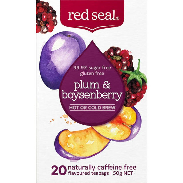 A vibrant fruit tea blend of plum and boysenberry, naturally caffeine-free and 99.9% sugar-free, in eco-friendly packaging.