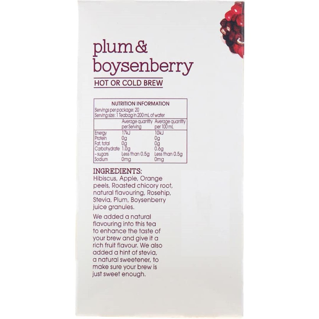 A vibrant blend of plum and boysenberry fruit tea, 99.9% sugar-free, great hot or cold, in eco-friendly packaging.