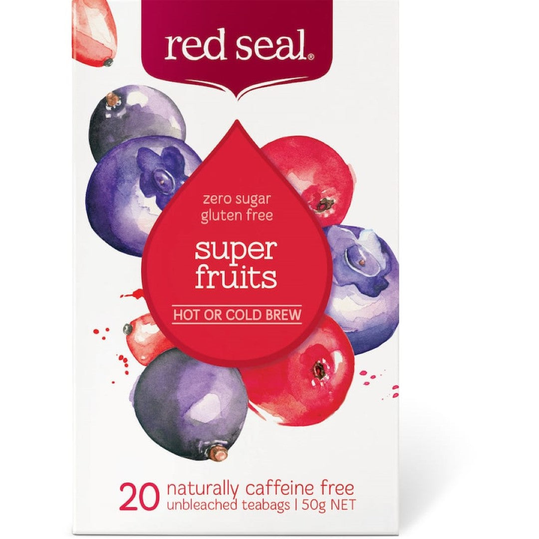 Vibrant Red Seal Fruit Tea Superfruits with a blend of sugar-free, caffeine-free superfruits in biodegradable teabags.