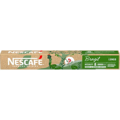 Nescafe Farmers Origins Coffee Pods Brazil, featuring smooth medium-roast coffee with toasted and cereal notes, compatible with machines.