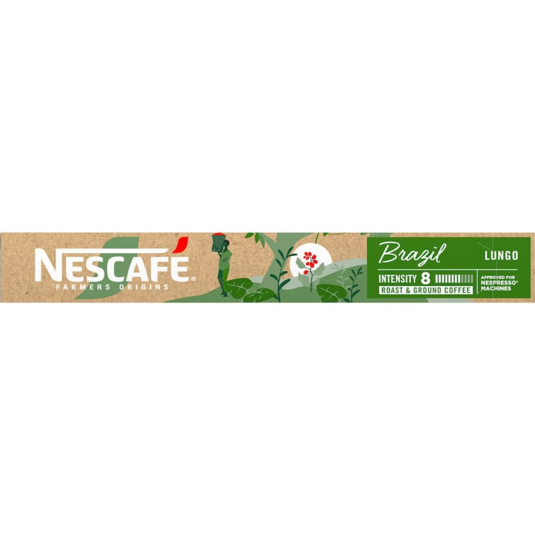 Nescafe Farmers Origins Brazil coffee pods, featuring smooth medium roast with toasted and cereal notes, for convenient brewing.