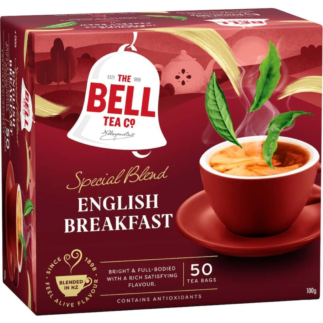 Bell Tea English Breakfast Blend box featuring 50 biodegradable tea bags, delivering rich, invigorating flavor for tea lovers.