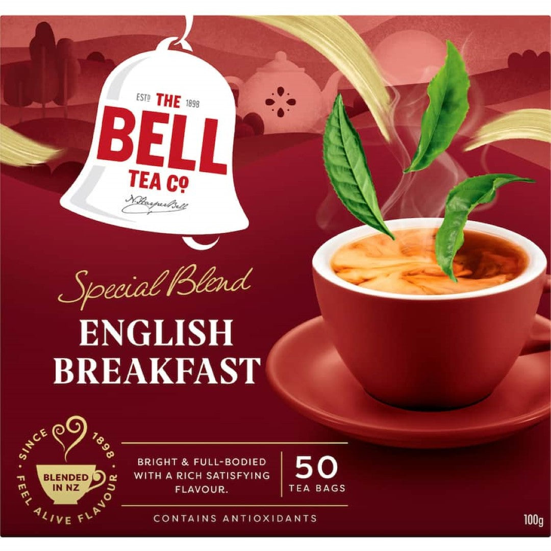 A box of Bell Tea English Breakfast Blend with 50 biodegradable tea bags, offering a rich and invigorating black tea experience.