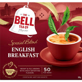 A box of Bell Tea English Breakfast Blend with 50 biodegradable tea bags, offering a rich and invigorating black tea experience.