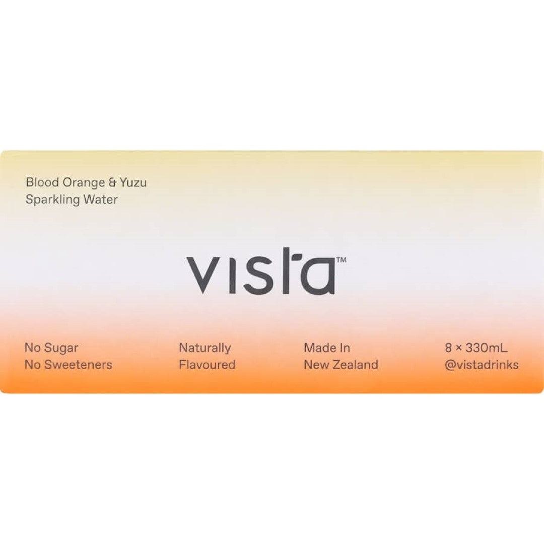 Vista Sparkling Water in Blood Orange Yuzu flavor, offering a refreshing, zero-calorie hydration option.