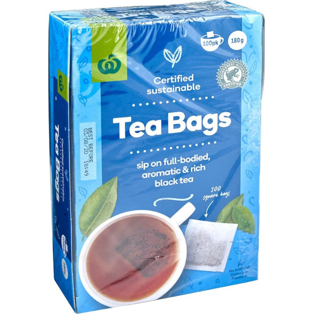 Woolworths Black Tea: 100 tagged tea bags offering rich, aromatic flavor from sustainably sourced, eco-friendly farms.