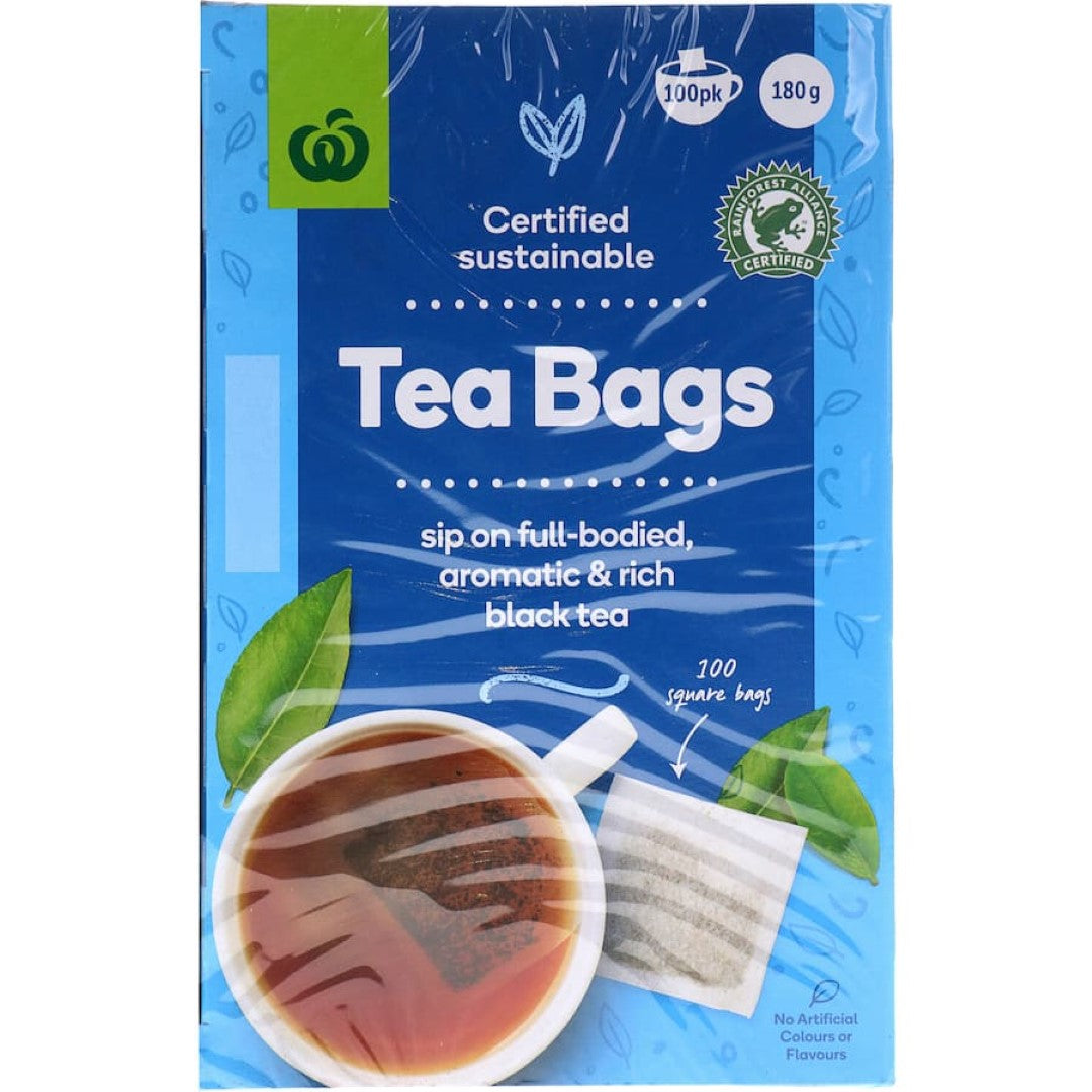 Woolworths Black Tea pack featuring 100 tagged bags of rich, aromatic, and sustainably sourced premium tea.