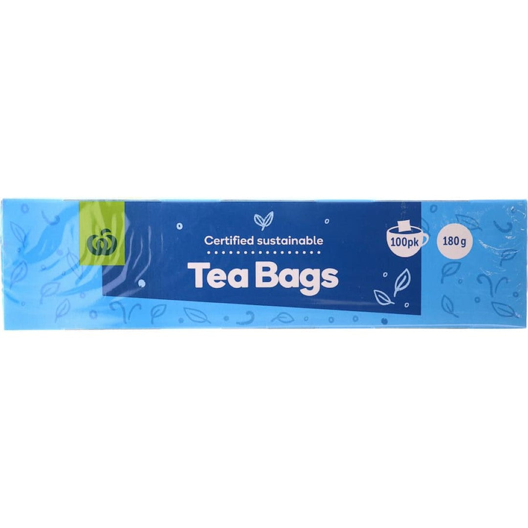 Woolworths Black Tea: 100 eco-friendly tagged tea bags with rich flavor, sustainably sourced from certified farms.