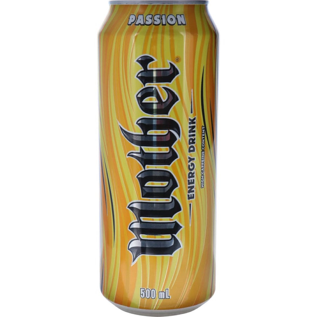 A refreshing can of Mother Energy Drink Passion, featuring invigorating passionfruit flavor for an energy boost.