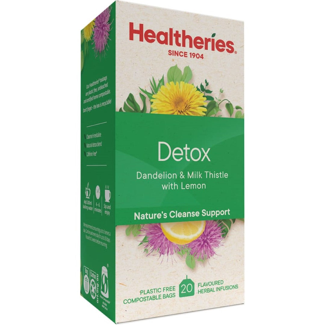 Healtheries Herbal Tea Detox features a nourishing blend of nettle, dandelion, and peppermint for natural detox support.