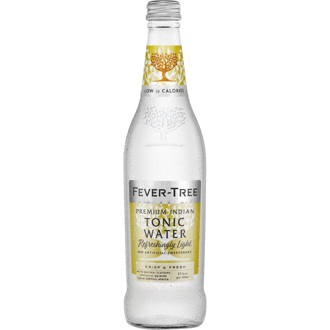 Fever Tree Light Tonic Water bottle showcasing all-natural, low-calorie refreshment with subtle botanical flavors and crisp profile.